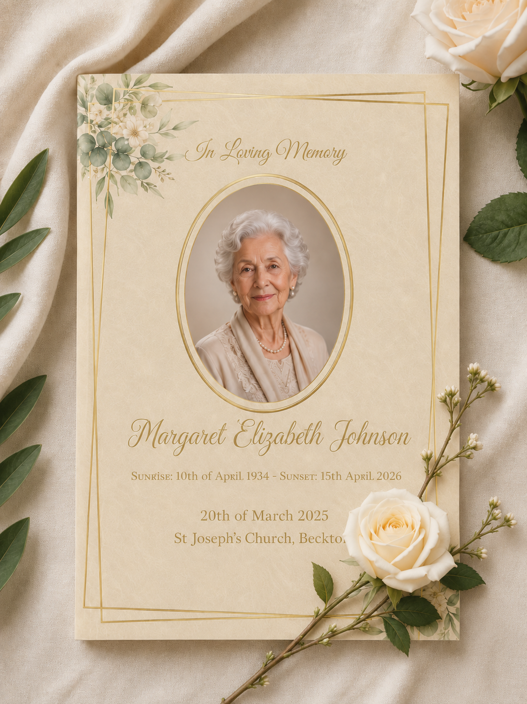 A classic cream and floral funeral programme cover designed by Parker Prints