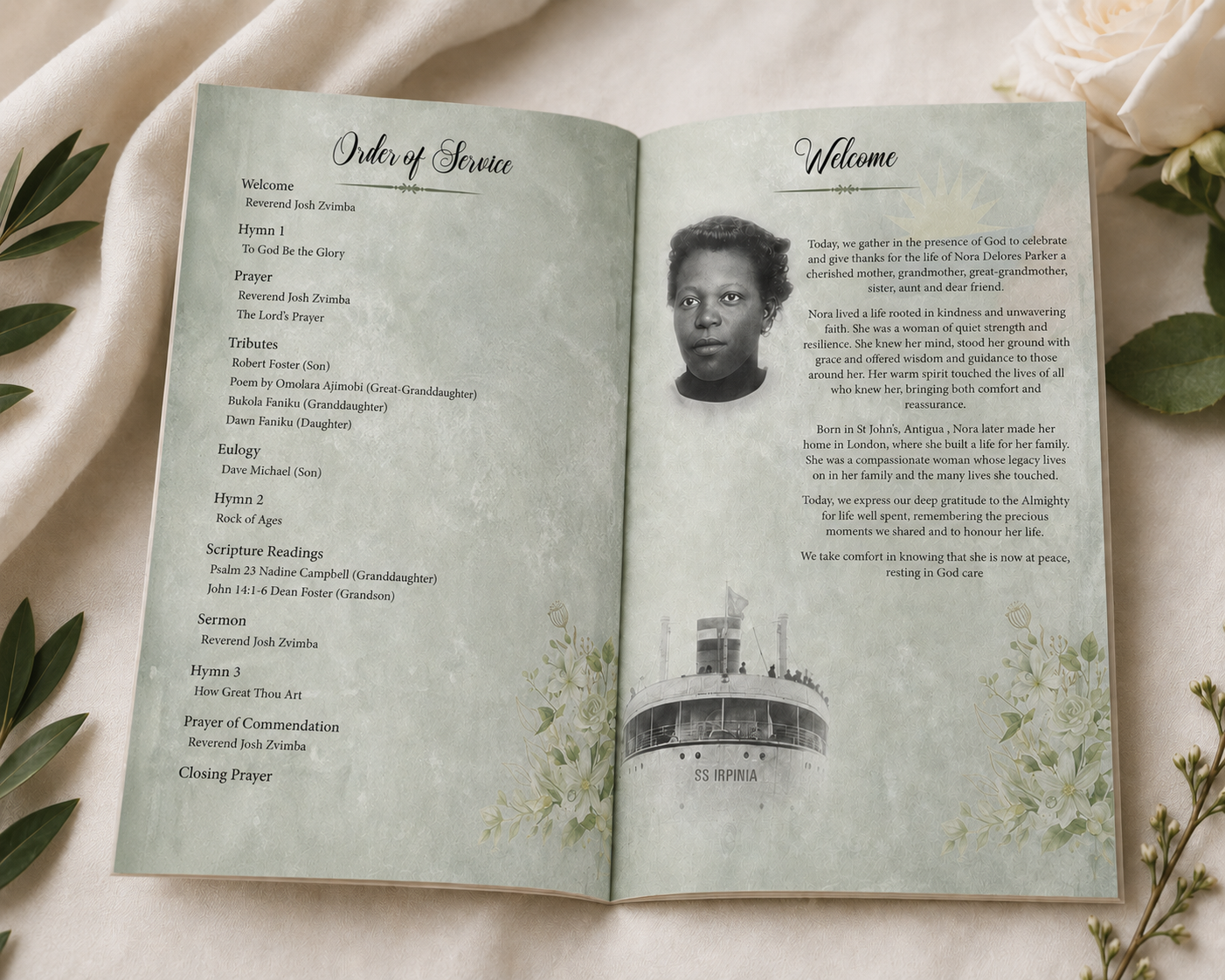 Open funeral programme spread with Order of Service and Welcome pages, designed by Parker Prints